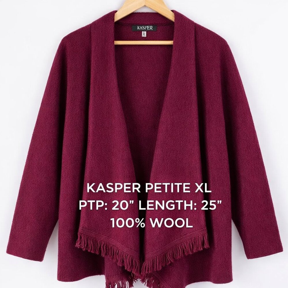 Kasper Petite XL 100%  Wool-Blend Fringe Open-Front Cardigan Jacket (Burgundy)